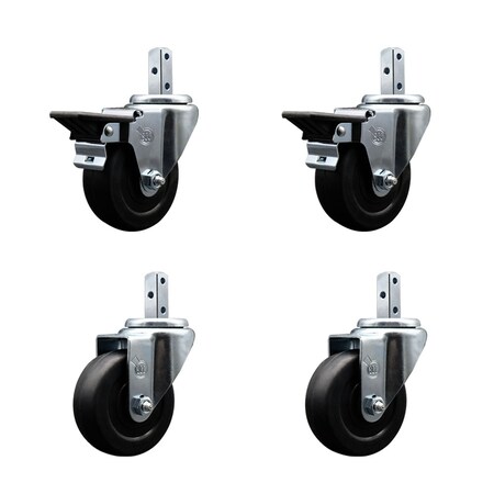 Service Caster 3.5'' Soft Rubber Wheel Swivel 7/8'' Square Stem Caster Set 2 Brakes, 4PK SCC-SQ20S3514-SRS-PLB-78-2-S-2